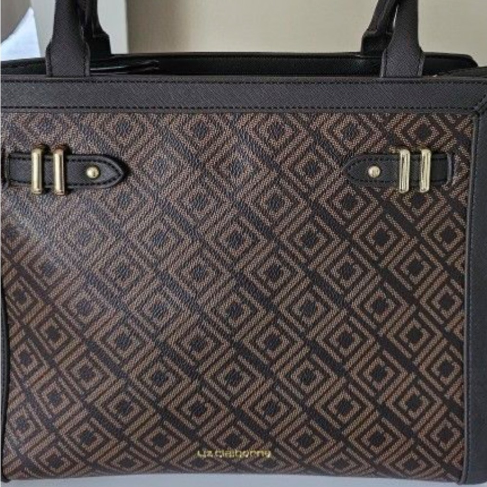 Liz Claiborne tote purse- classic logo print- brown & gold - structured new